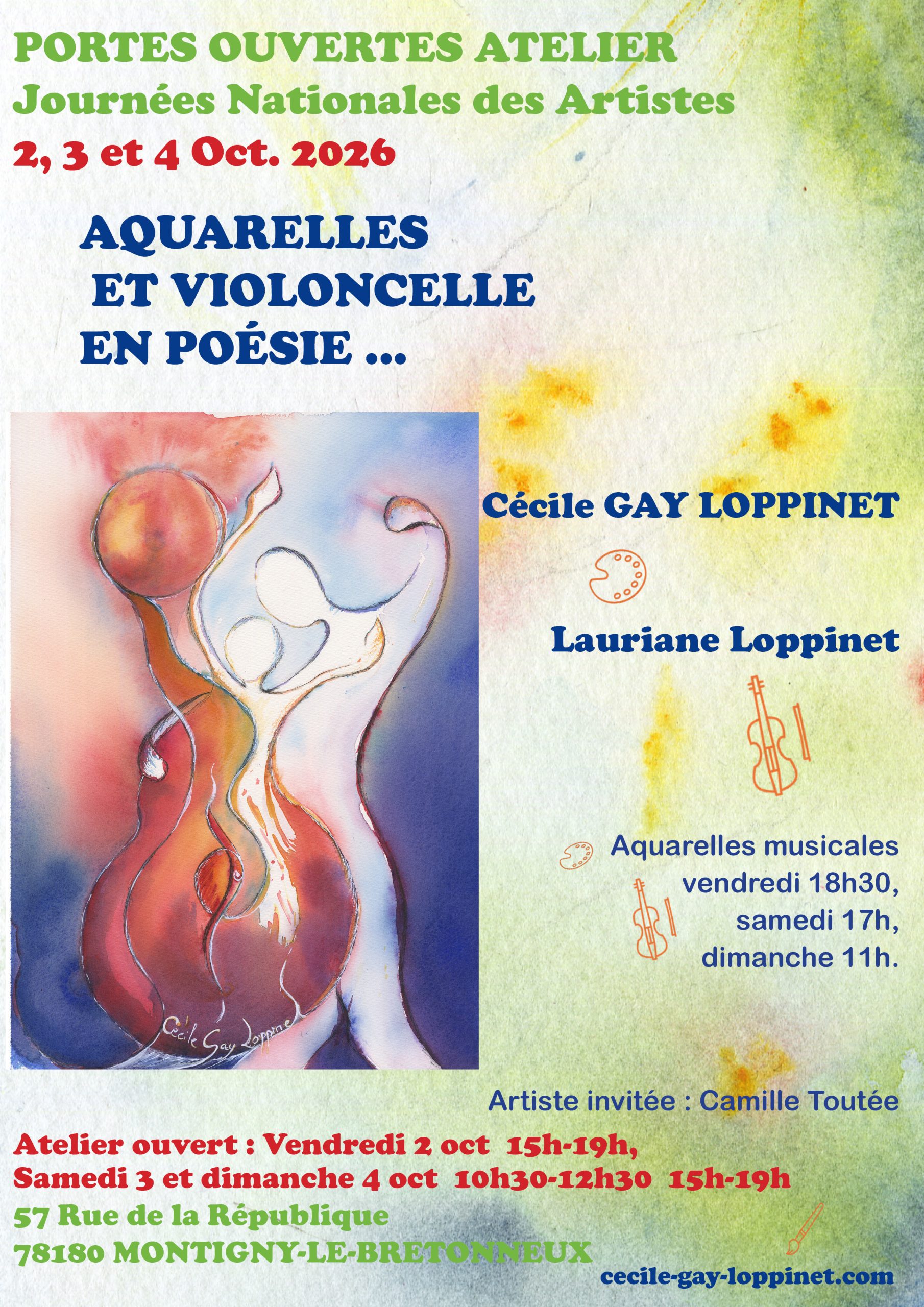 Journées Nationales des Artistes. Cécile Gay Loppinet aquarelliste et Lauriane Loppinet violoncelliste vous accueillent à l' " atelier des Arbres qui sèment " à Montigny -le- Bretonneux